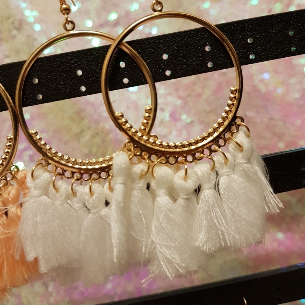 Gypsy White Tassel Hoops